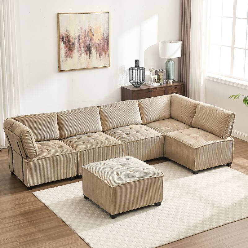 Ergonomic Lounge Modular Couch Corduroy Sectional Sofa with Deep Seat Ottoman Chaise and High-Rebound Thick Cushions