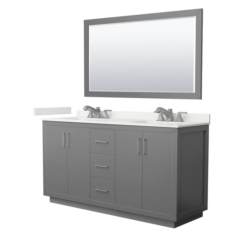 Icon 66-inch Double Vanity, Quartz Top, 58-inch Mirror - Dark Gray, Nickel Trim, White Quartz Top