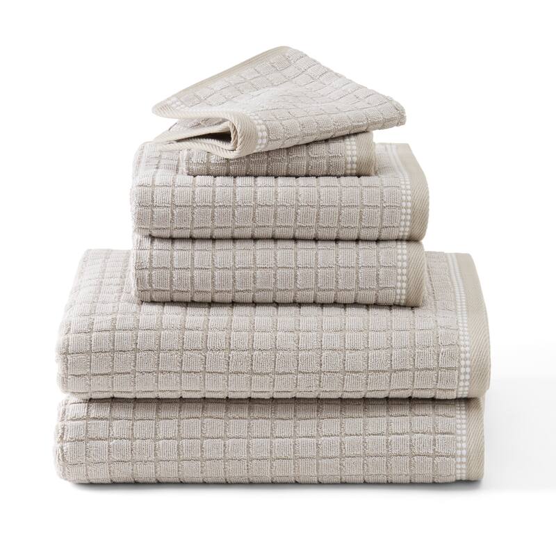 TOWN & COUNTRY EVERYDAY 6-Piece Textured Windowpane Set, 2 Bath, 2 Hand, 2 Wash, 100% Cotton - Beige
