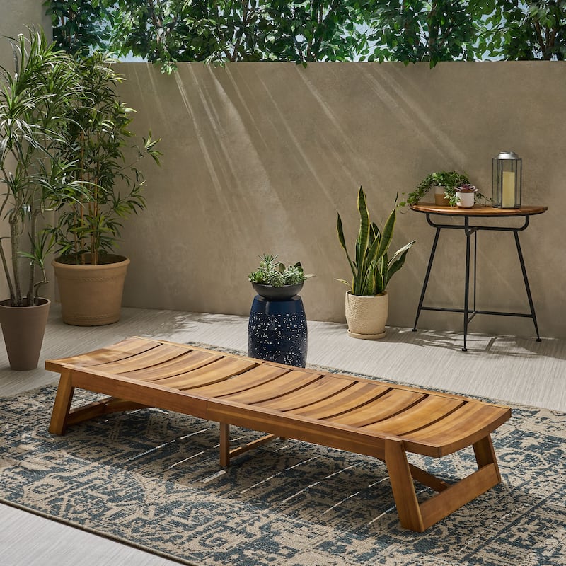 Acacia Wood Outdoor Chaise Lounge with Adjustable Backrest, Slat Design Single Chaise Patio Backyard Recliner Sun Lounger - Yellow Brown