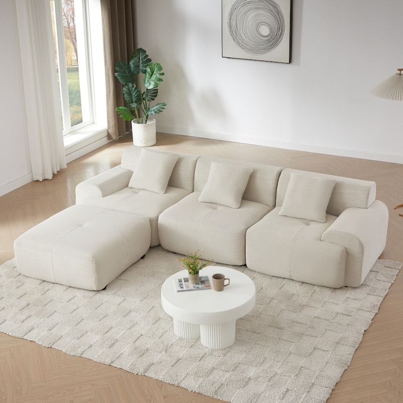 113" Modern L-Shaped Corduroy Upholstery Modular Sectional Sofa with Deep Seat and Movable Ottoman - Beige