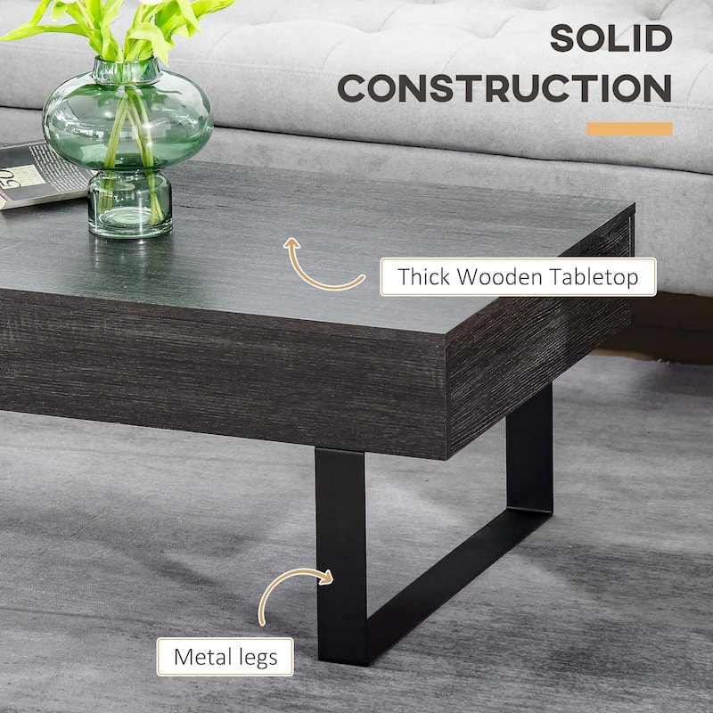 Rustic Dark Grey Coffee Table with Drawer and Metal Frame for Living Room - 43.25"W x 23.5"D x 15.75"H