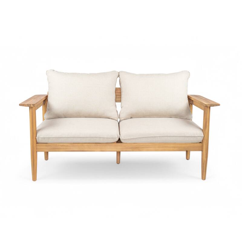 Roomfitters Terassi Outdoor Acacia Wood Loveseat with Wide Armrests, Teak Finish and Beige Cushions