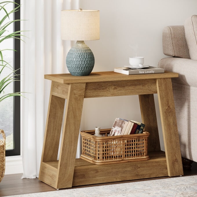 2-Tiers Small End Table, Small Wood Side Table - 1PC - Light Brown