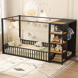 Safety Design Metal Frame Floor Bed with Wardrobe, Many Storage Shelves, Twin Size, Black