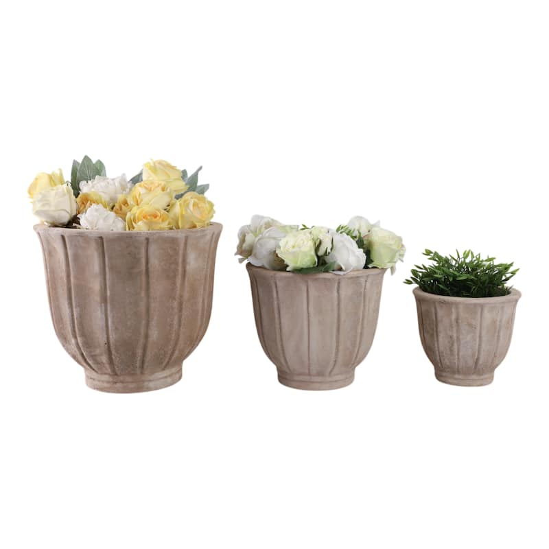 Pottery Clay Planters with Petal Ribbed Detailing (Set of 3) - 15" x 15" x 13"