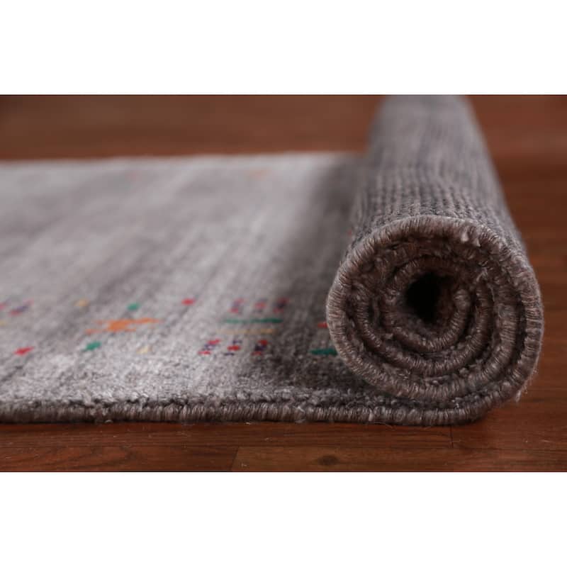 Hand Knotted Oriental 100% Wool Carpet Tribal Tribal Greys & Charcoal Gabbeh Runner Rug - 9' 9'' X 3' 2''