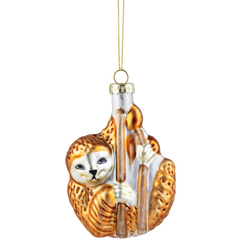 Sloth with Bamboo Glass Christmas Ornament - 4" - Gold