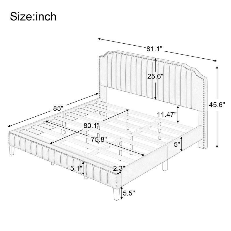 King Size Linen Upholstered Bed Frame, Wood Platform Bed Frame with Nailhead Trim&Upholstered