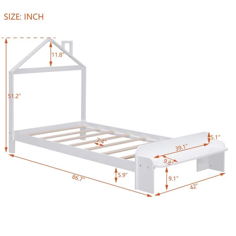 Full Size Wood Platform Bed with House-shaped Headboard and Footboard Bench