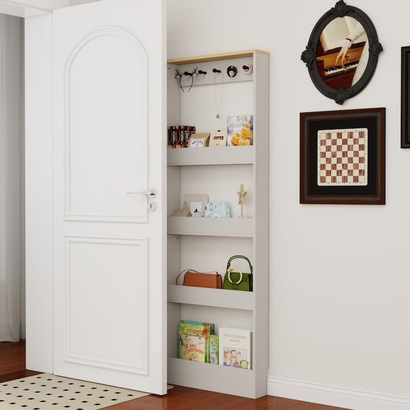 69" Tall Bookcase with 4 Shelves and 5 hooks, Wall Mounted Space-Saving Narrow storage cabinet for Living Room