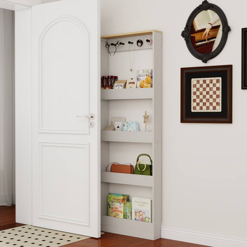 69" Tall Narrow Storage Cabinet with 4 Shelves & 5 Hooks, Space-Saving Behind-the-Door Bookcase Organizer