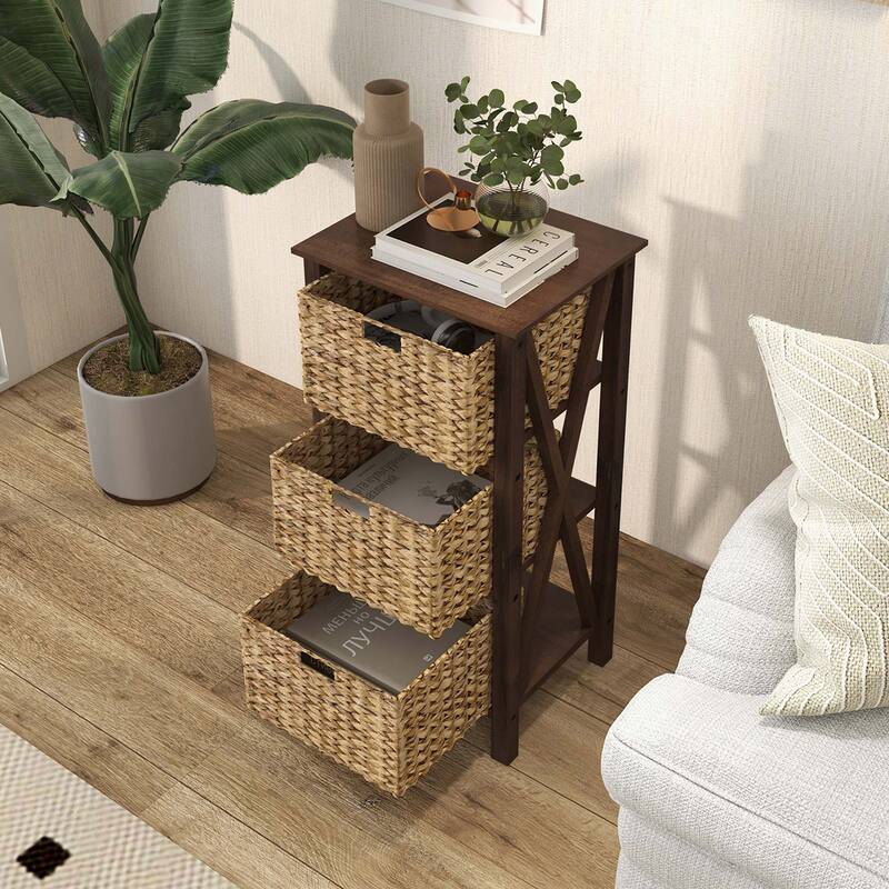 Costway 1/2 PCS 3-Tier Nightstand with 3 Seagrass Baskets Rubber Wood