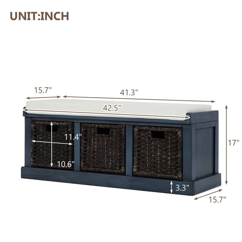 Rustic Storage Bench with 3 Removable Classic Rattan Basket