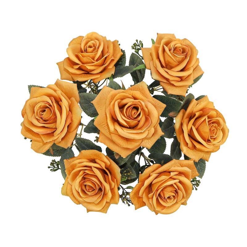 Set of 2 Dusty Orange Artificial Queen Tea Rose Flower Stem Bush Bouquet 17in - 17" L x 9" W x 9" DP