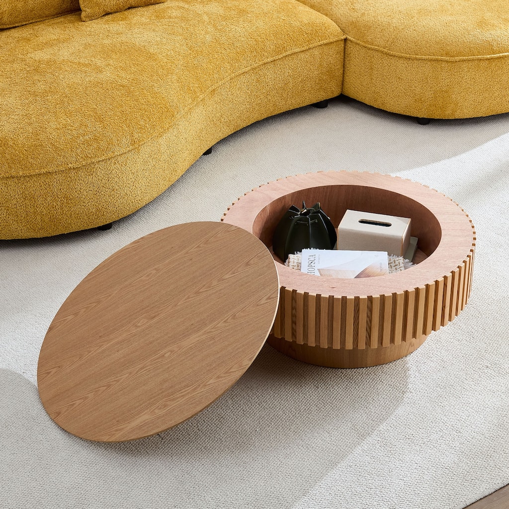 31.49" Modern Handcraft Round Wood Coffee Table with Storage