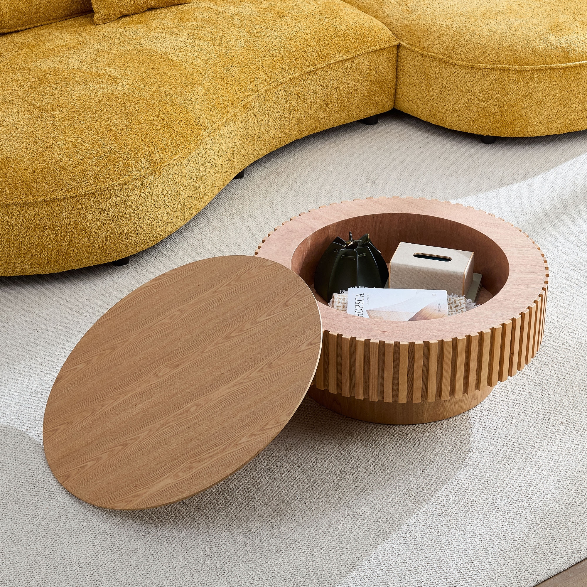 31.49" Round Wood Coffee Table with Storage for Living Room, Modern Handcraft Drum Coffee Table, Circle Wooden Coffee Table