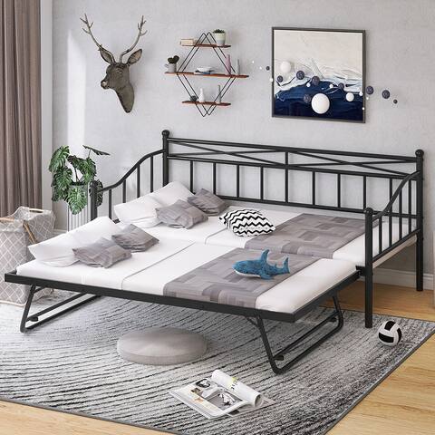 Twin Size Metal Daybed with Adjustable Portable Folding Trundle