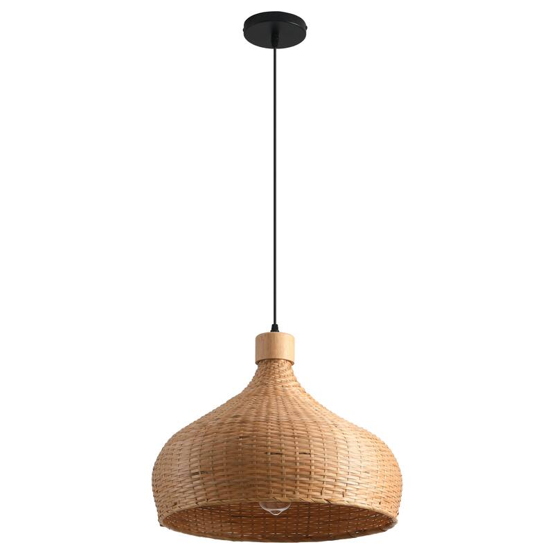 1-Light Retro Brown Handmade Bamboo Woven Dome Hanging Pendant Light - 17.7" W x 59" H