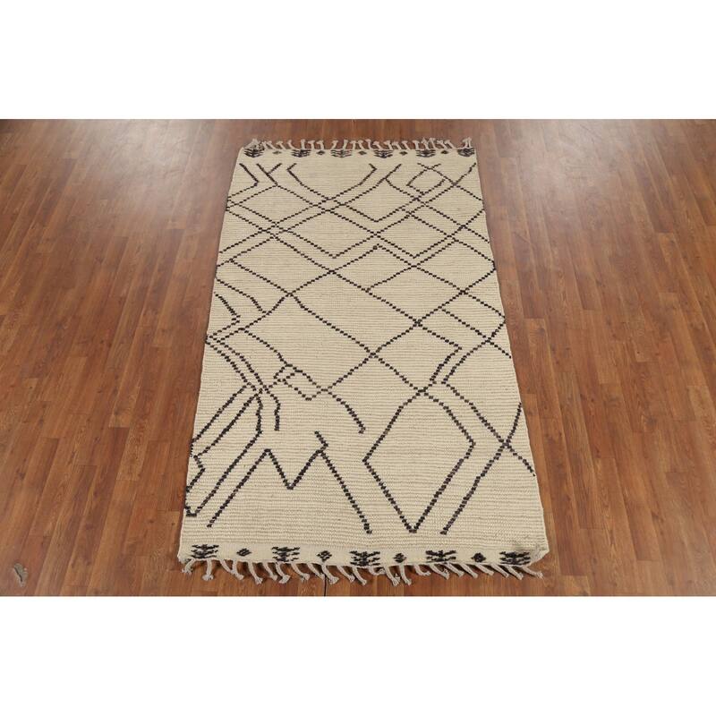 Ivory Striped Moroccan Oriental Rug Hand-Knotted Wool Carpet - 3'11"x 6'8"