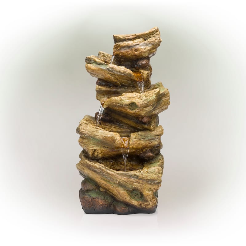 Alpine Corporation 24" Outdoor 4-Tier Log Fountain with LED Lights, Cascading Tree Trunk Feature for Garden, Rustic, Brown