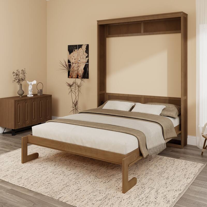 Foldable Bed Convert Cube Cabinet Rattan Murphy Bed Space-Saving Bed - Walnut - Queen