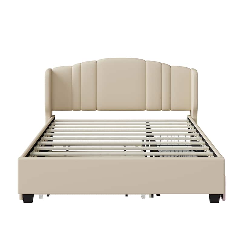 Queen Upholstered Platform Bed with Wingback Headboard, Trundle and 2 Storage Drawers - Beige - Queen