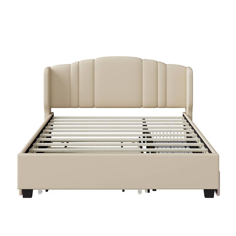 Wingback Headboard Bed Frame, Linen Upholstered Platform Bed with Trundle Bed &, 2 Drawers, Wood Low Profile Bed Panel Bed