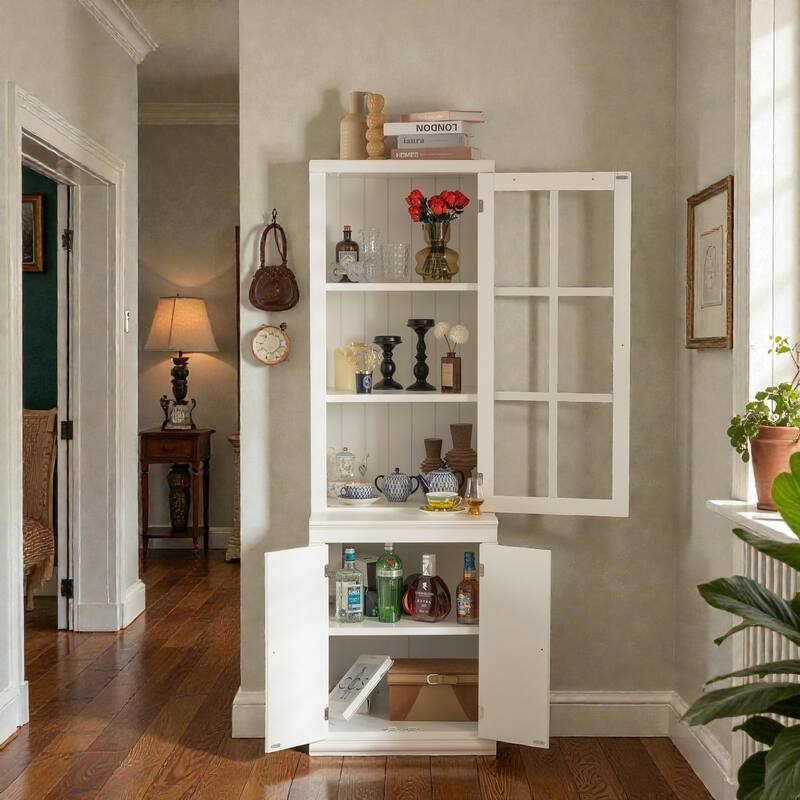 75.25'' Tall Farmhouse Pantry Cabinet with Glass Door & Lattice Window, Freestanding Hutch with Adjustable Shelves