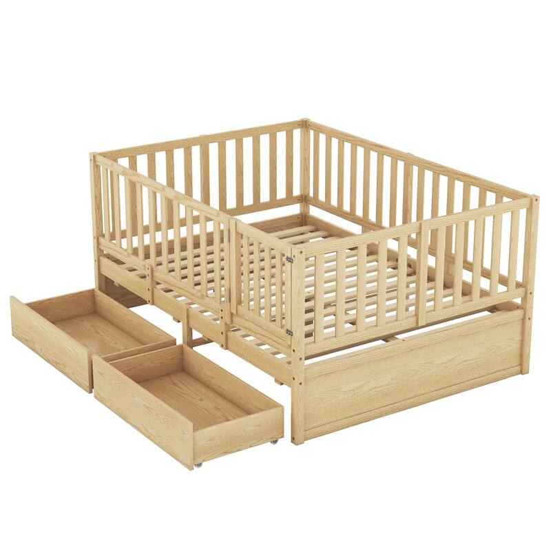 Full Size Wood Daybed with Fence Guardrails and 2 Drawers