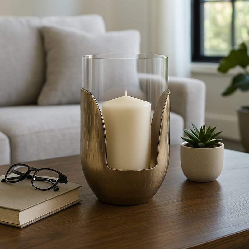 Decorative Glass Hurricane Candle Holder with Metal Base - Gold & Clear