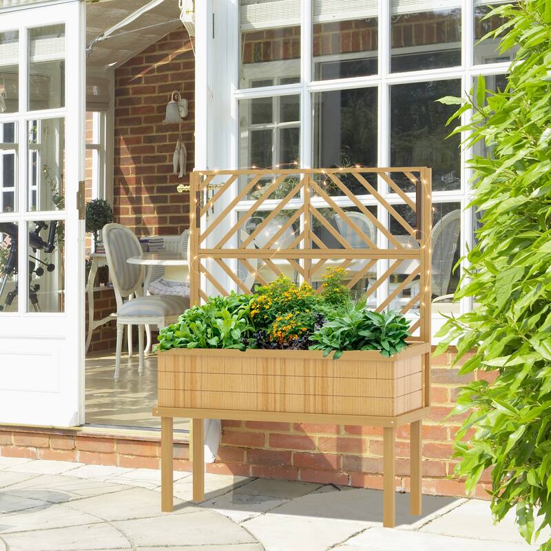Outsunny Raised Garden Bed with Trellis for Climbing Plants, Vegetable, Grape Vines, Flowers, Wood Planter with Legs