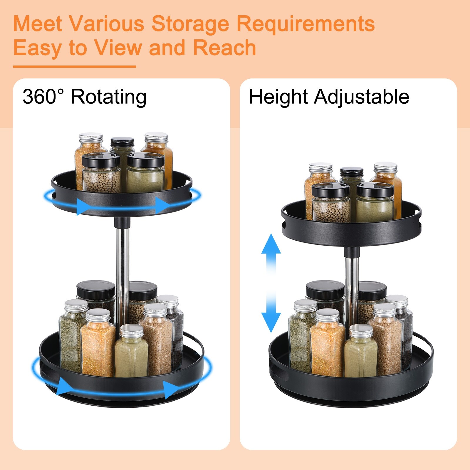 Lazy Susan Organizer 2 Tier Rotating Spice Rack Turntable for Kitchen Cabinet Black