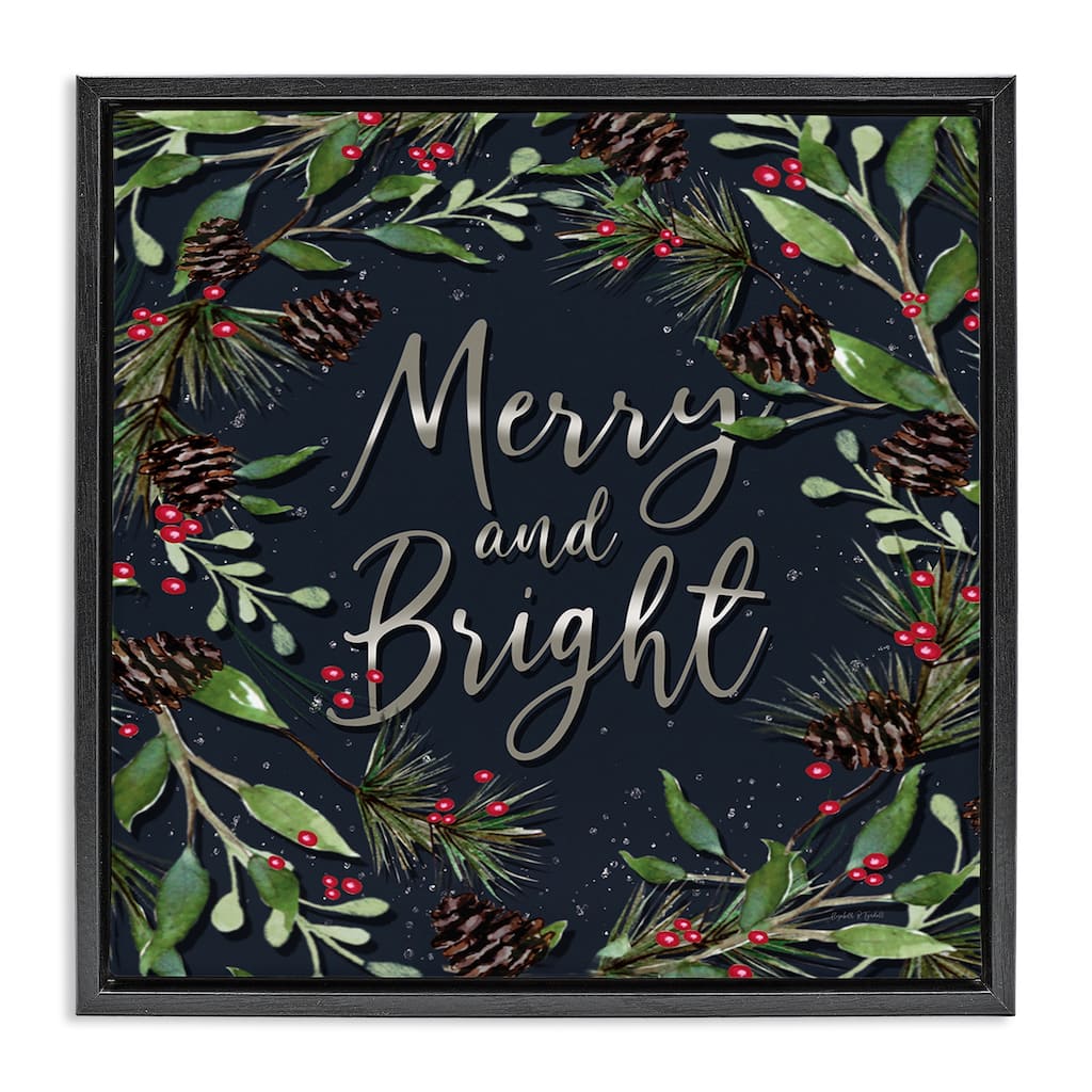 Stupell Merry & Bright with Holly Leaves Framed Floater Canvas Wall Art Design By Elizabeth Tyndall