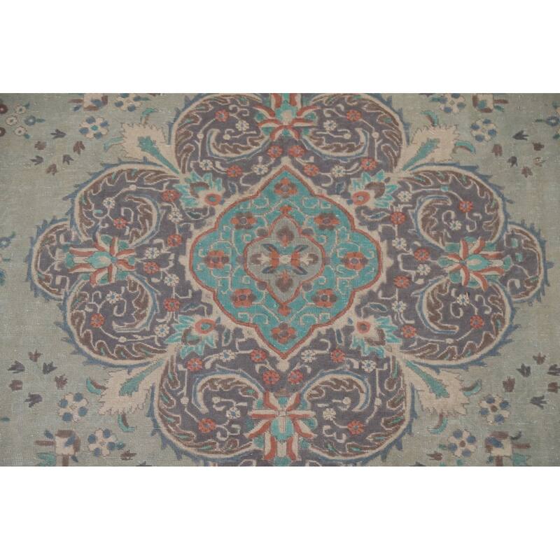 Hand Knotted Oriental 100% Wool Carpet Traditional Medallion Green Tabriz Area Rug - 10' 9'' X 7' 6''