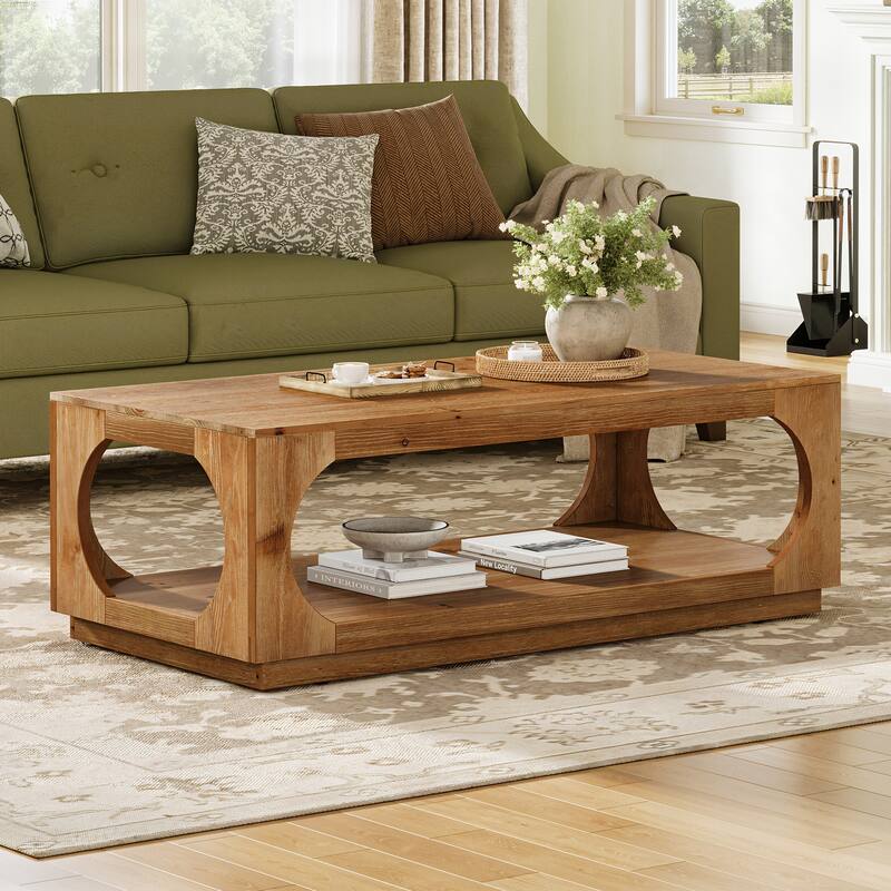 Rectangular Solid Wood Coffee Table with Storage for Living Room