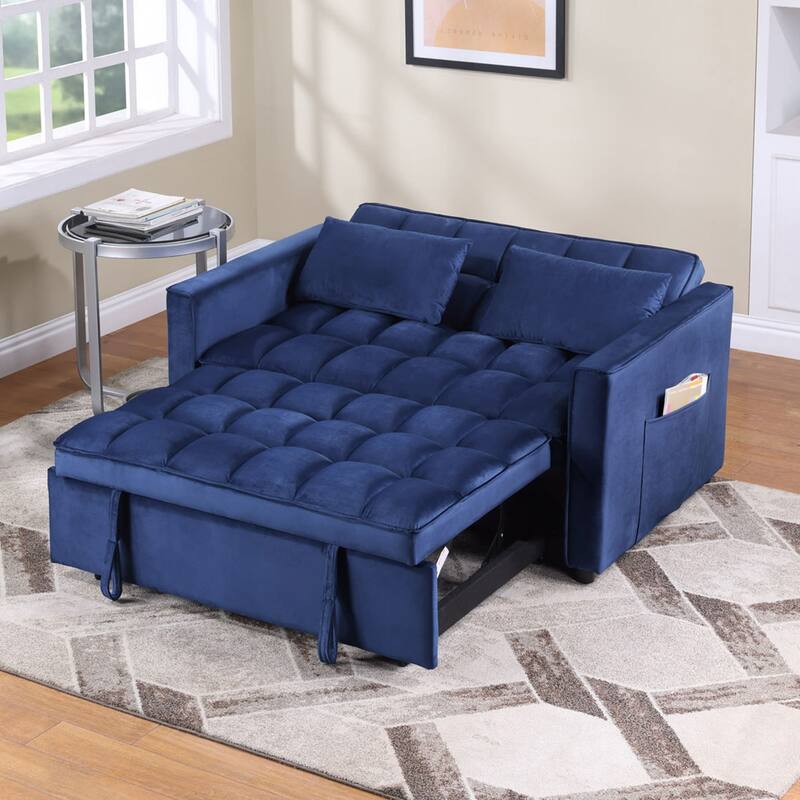 Modern 70" L 3-in-1 Multi-Functional Blue Sleeper Sofa with Iron Frame Pull-Out Loveseat