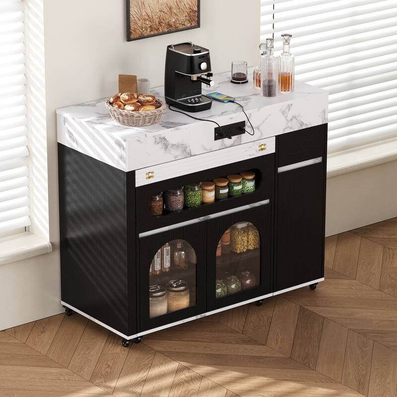 Rolling Kitchen Island with Extendable Table, Drawers, Power Outlet and Brake lock, Storage Cabinet