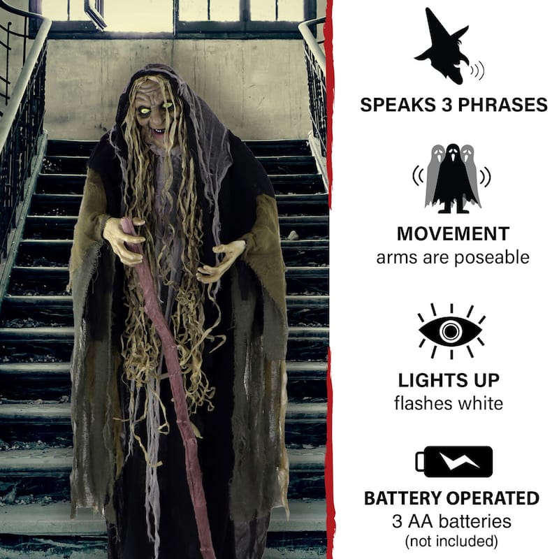 Haunted Hill Farm Life-Size Animatronic Witch, Indoor/Outdoor Halloween Decoration, Light-up White Eyes, Poseable