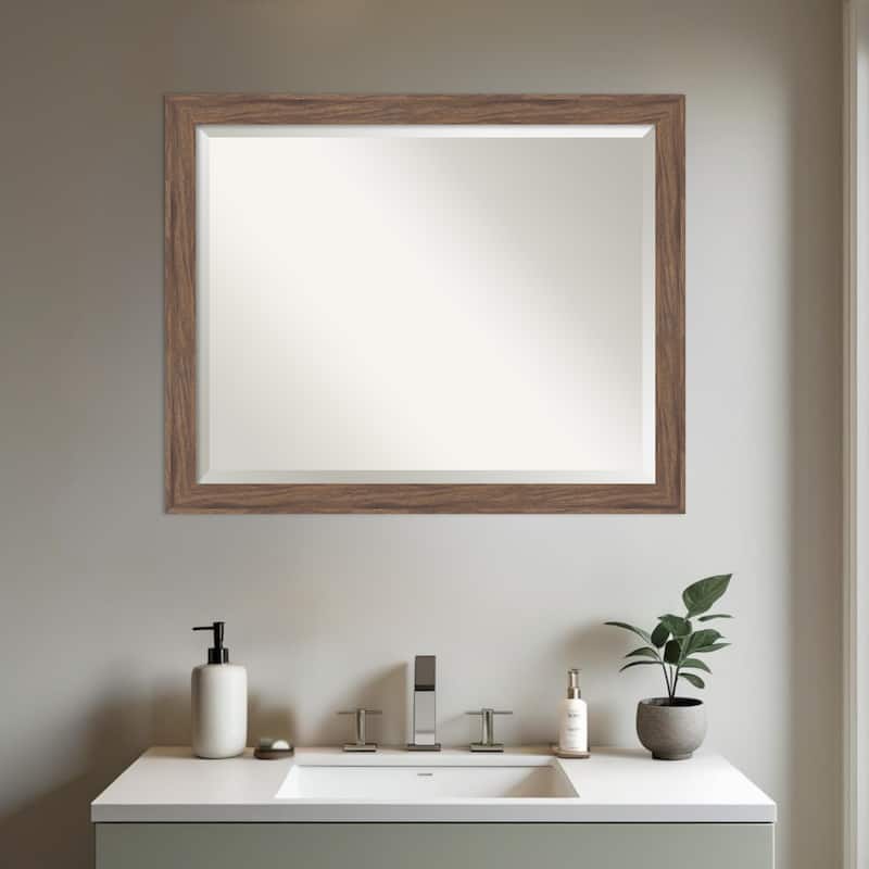 Pia Medium Brown Narrow Beveled Framed Bathroom Vanity Wall Mirror - Pia Medium Brown Narrow