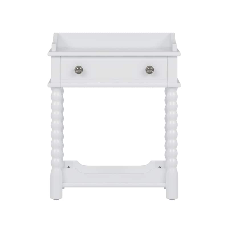 Charming White Retro Nightstand with Drawer and Open Shelf, Classic Bedside Table with Metal Handle