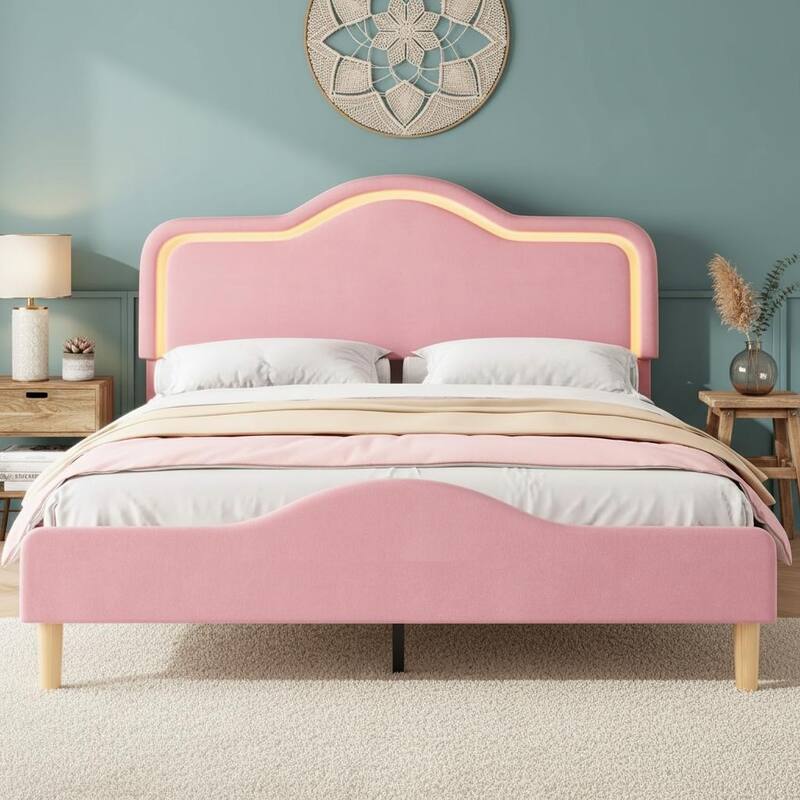 Bed Frame, Adjustable LED Headboard and Footboard - Pink - Full