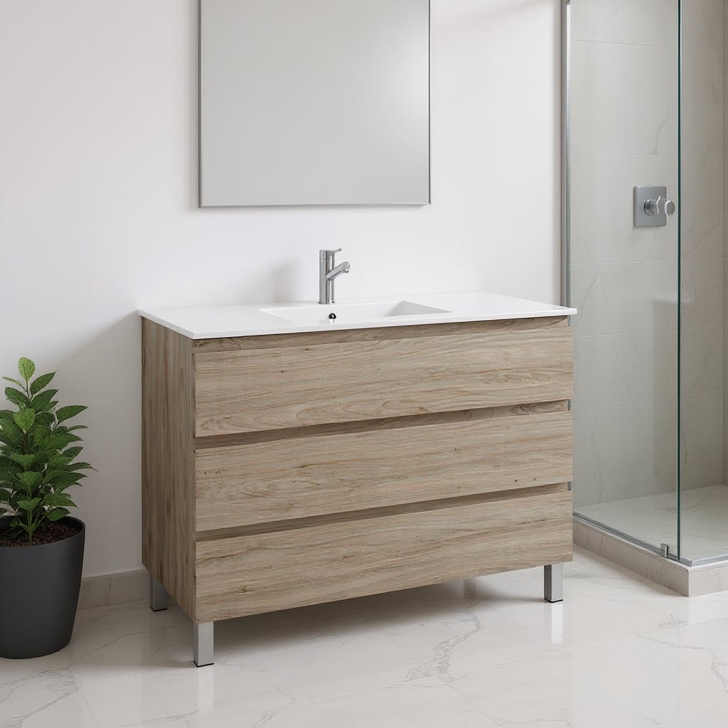 HomeRoots 48" Natural Wood Freestanding Bathroom Vanity With White Sink And Three Drawers - 48.00 in. x 39.06 in. x 18.10 in.