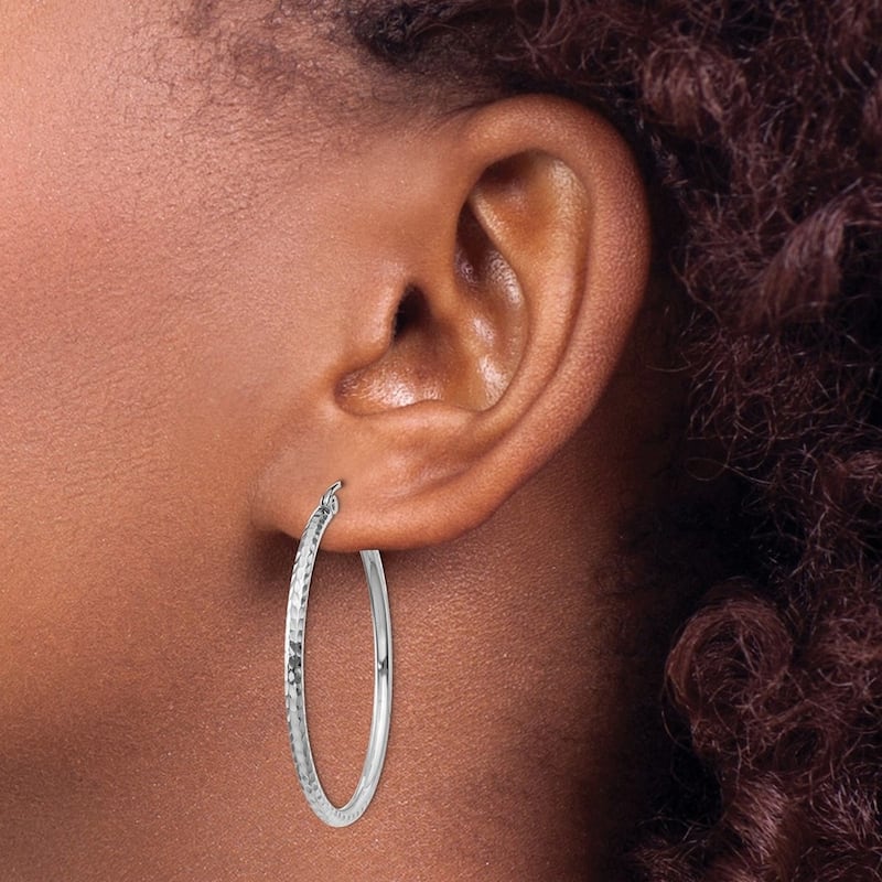 Curata 14k White Gold Diamond-Cut 2x35mm Round Classic Hoop Earrings