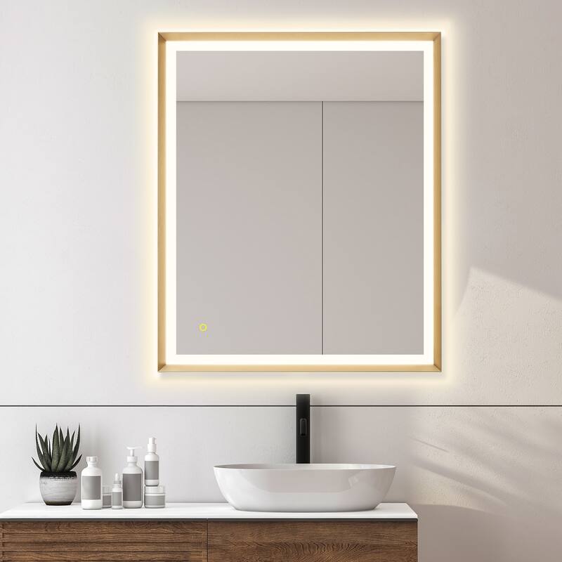 Apollo Rectangular Anti-Fog Dimmable Modern Bathroom/Vanity LED Lighted Wall Mirror in Brushed Gold Aluminum Framed