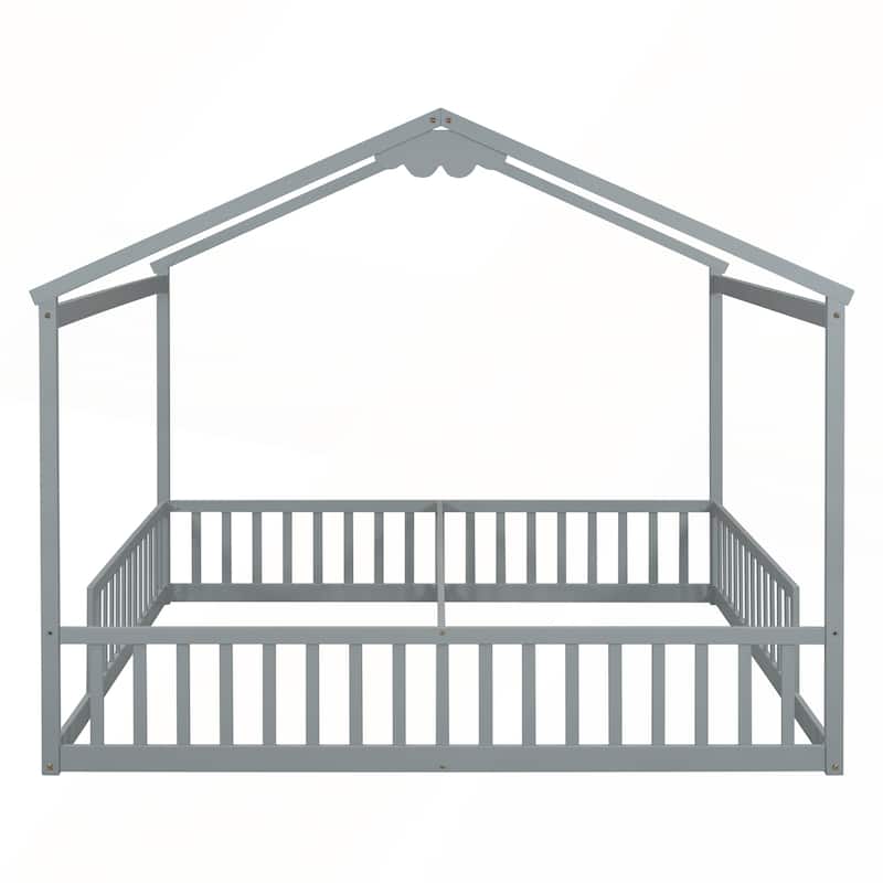Double Twin House-Style Floor Bed with Fence