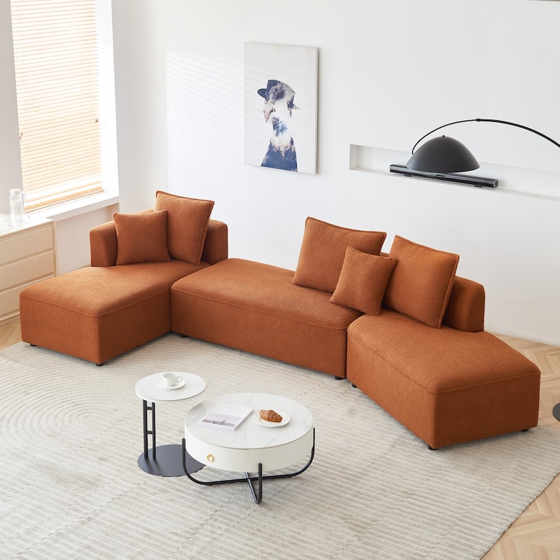 Oversized Curved Sherpa Upholstered 6-seats Sectional Sofa Couch - Orange