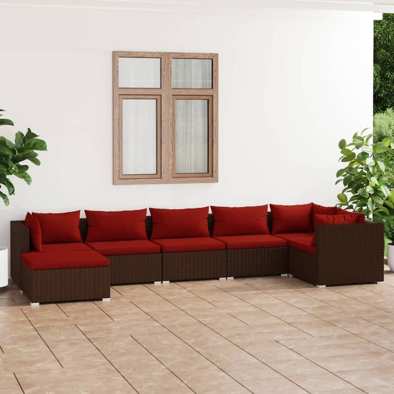 vidaXL 7 Piece Patio Lounge Set with Cushions Poly Rattan Brown - 27.6" x 27.6" x 24" - 27.6" x 27.6" x 24" - Brown/Cinnamon red