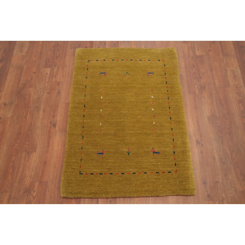 Hand Knotted Oriental 100% Wool Carpet Tribal Animal Pictorial Yellow & Gold Gabbeh Area Rug - 3' 0'' X 2' 0''