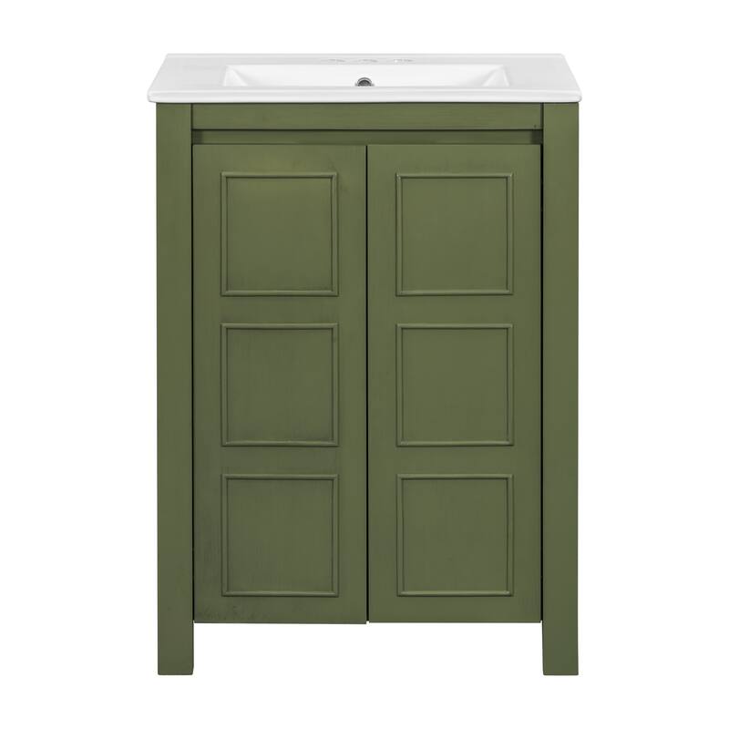 24" Vintage Style Small Bathroom Vanity with Ceramic Sink, 2 Soft-close Doors, Adjustable Shelf